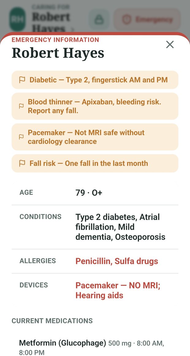 Emergency information screen showing risk flags, conditions, allergies and devices