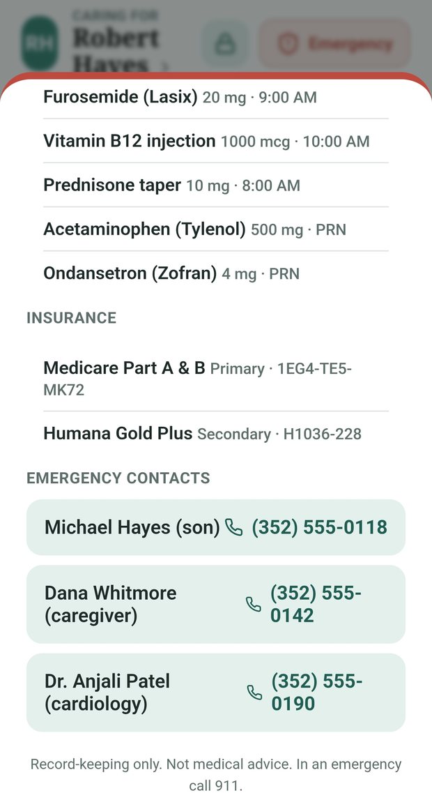 Emergency pack showing current medications, insurance, and emergency contacts