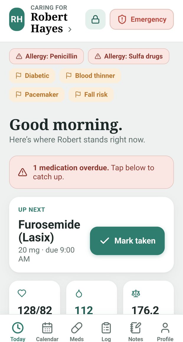 The Today screen showing overdue medication, the next dose due, and current vitals